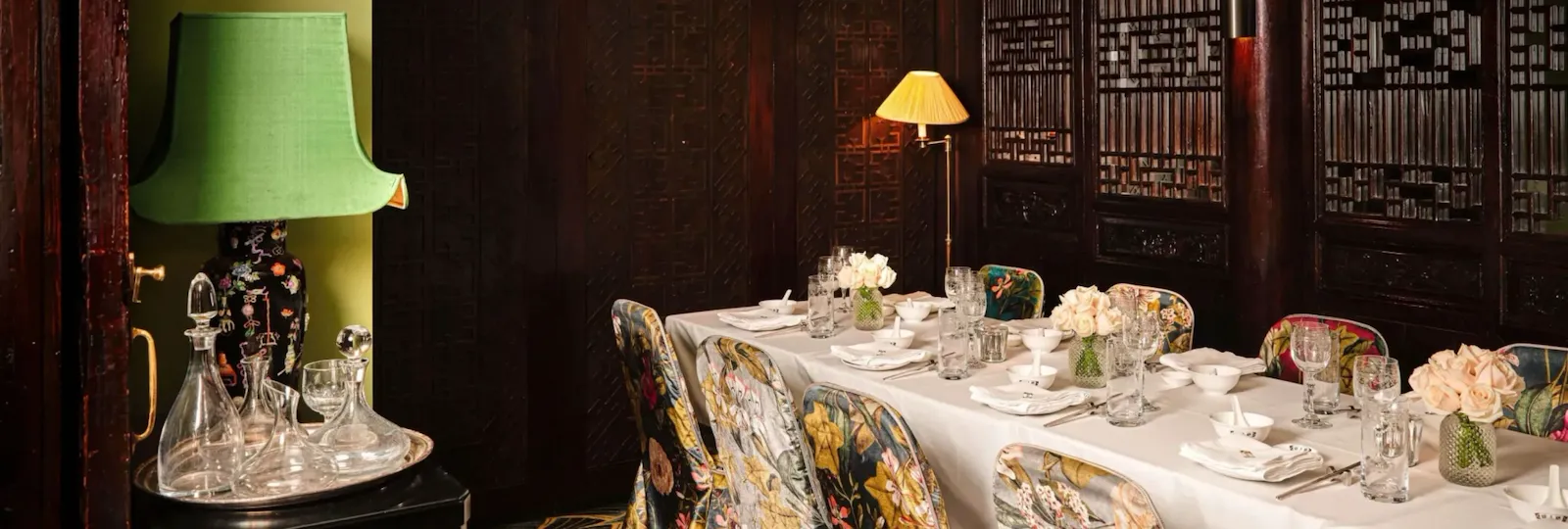Private dining rooms at China Tang at The Dorchester in soft, moody lighting