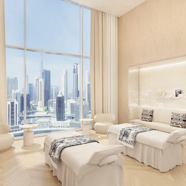 Images picturing Dior Spa treatment, gym rooms and Dior Cabanas at the Lana, Dubai, Dorchester Collection with views of the Dubai Skyline.