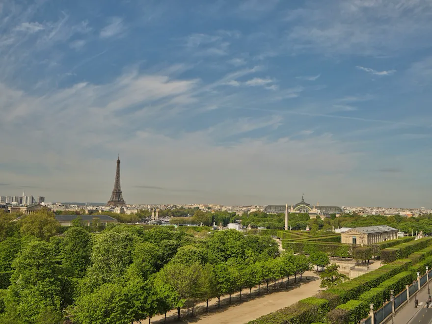 Large view from an Heritage Suite on Tuileries and the Eiffel Tower, at Le Meurice, Paris
