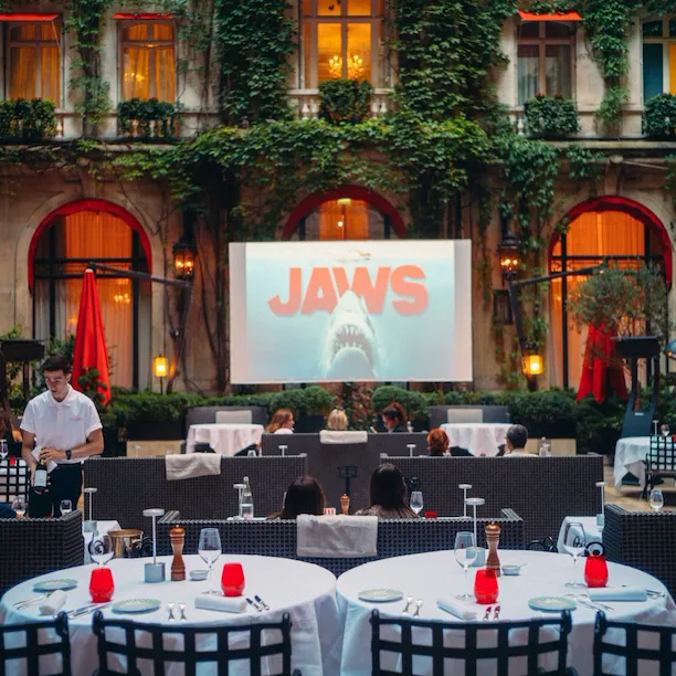 Jaws projection at La Cour Jardin at the Hôtel Plaza Athénée, Paris