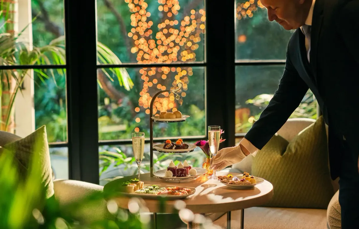 Holiday afternoon tea in The Living Room with champagne glass