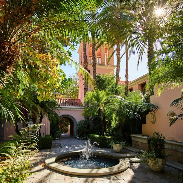 A fountain on a terrace in the gardens of Hotel Bel-Air, Los Angeles