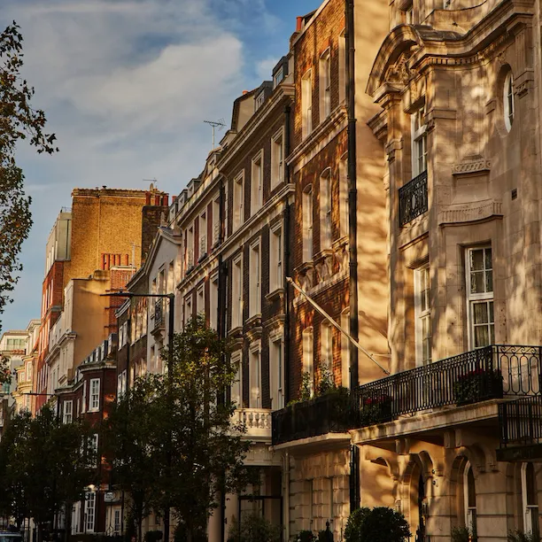 Terraced houses with dappled sunlight on Upper Brooks Street, Mayfair, London