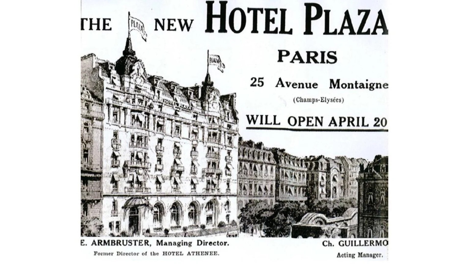 Dessin historique annonçant l’ouverture de la Plaza Athenee