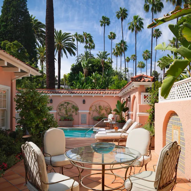Bungalow 5A Patio Dining Table with Pool at The Beverly Hills Hotel, Los Angeles