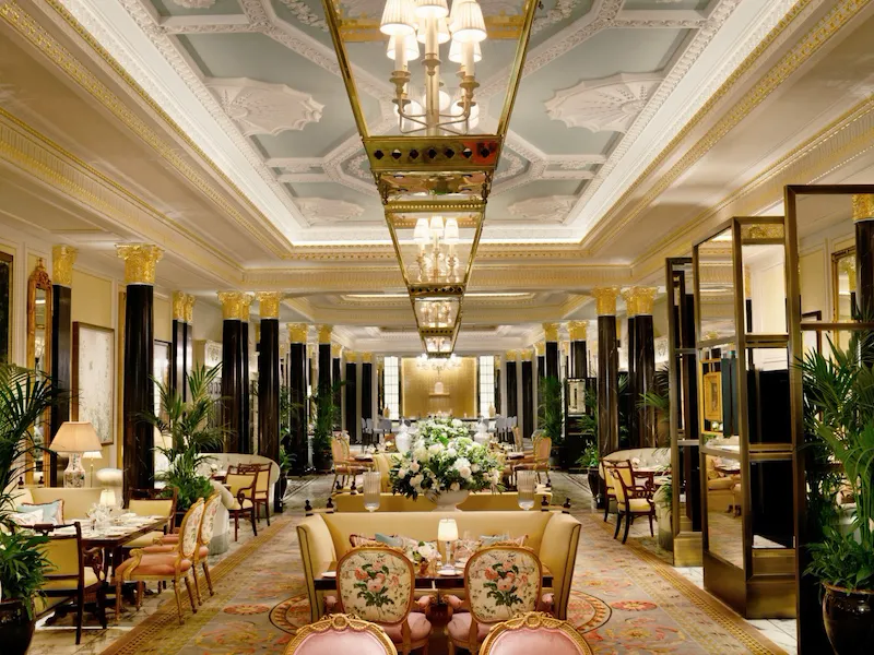 The Promenade at the Dorchester artwork and set up for afternon tea