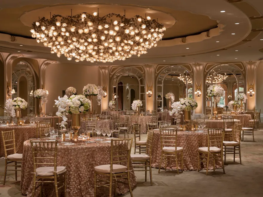 Social event set up in Crystal Ballroom at The Beverly Hills Hotel, Los Angeles