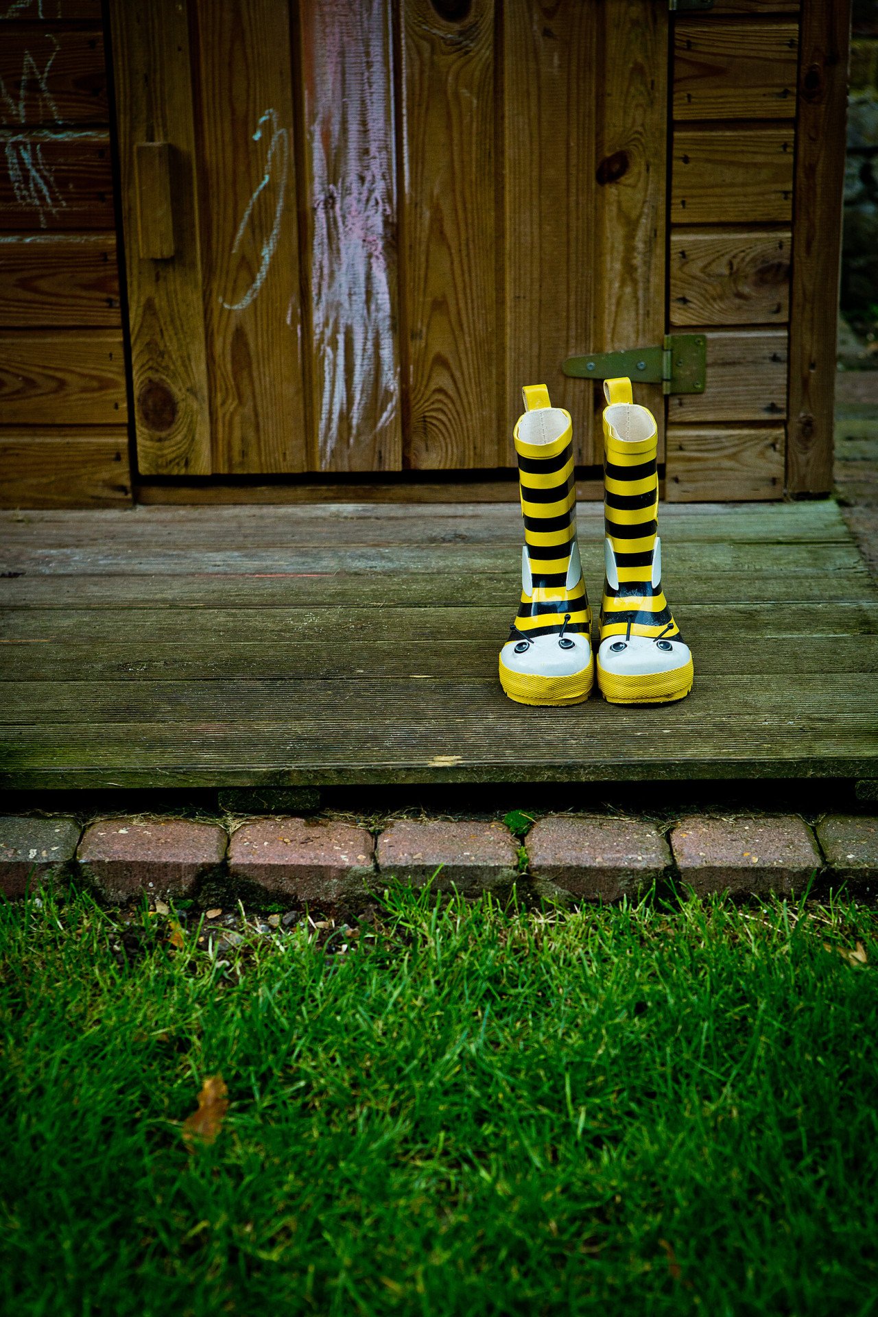 Close-up of bumbble bee gumboots 
