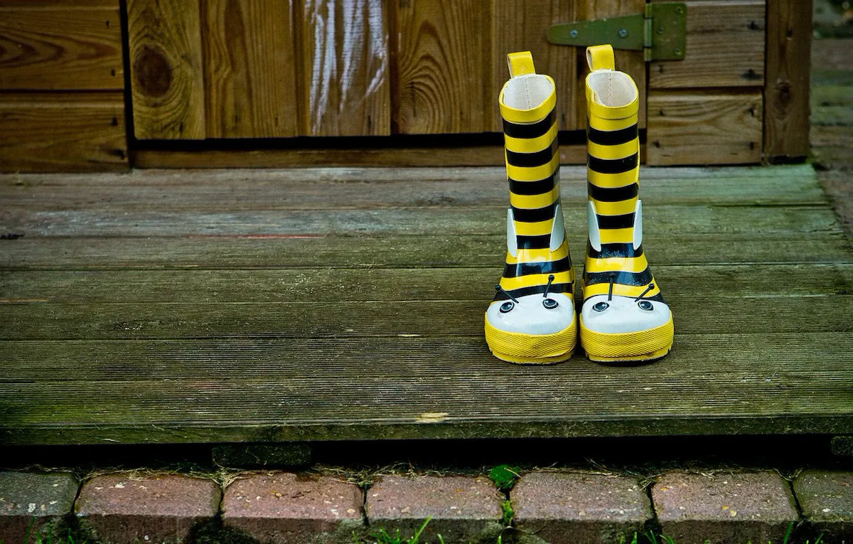 Close-up of bumbble bee gumboots