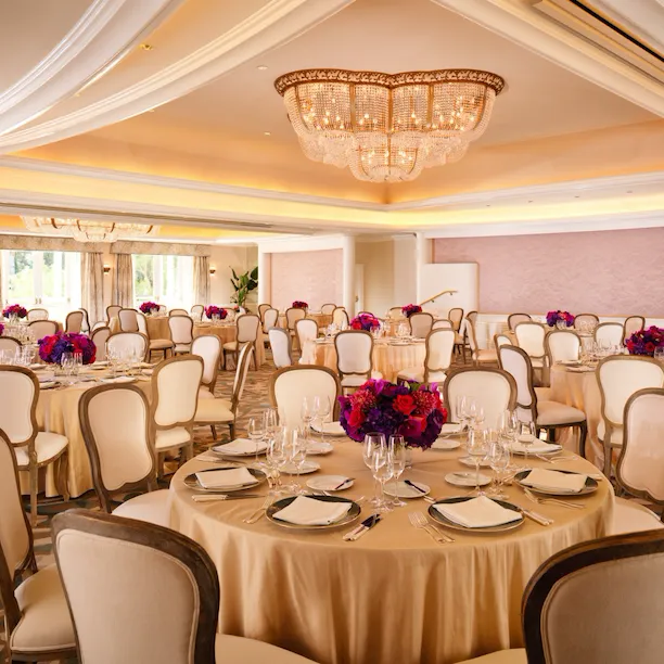 Social event set up in Rodeo Ballroom at The Beverly Hills Hotel, Los Angeles