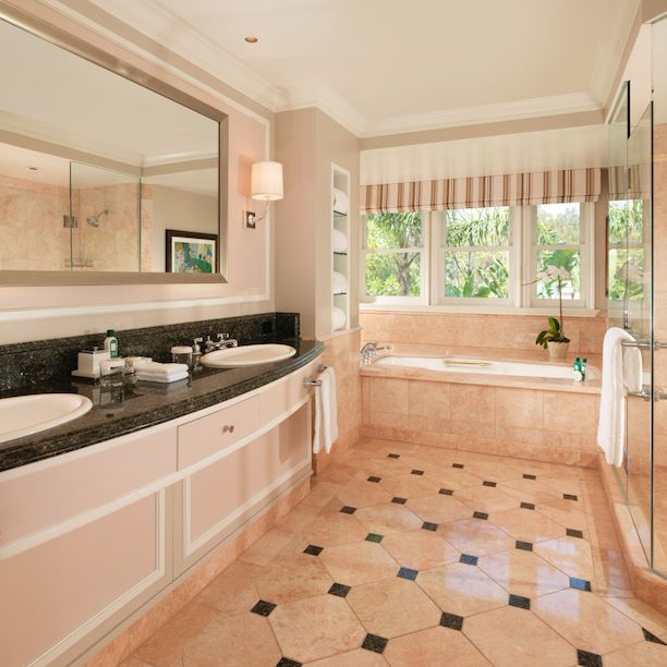 Deluxe Guestroom Bathroom with Pink Marble at The Beverly Hills Hotel