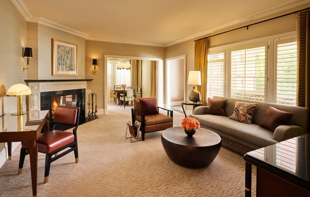 Crescent Bungalow Suite Living area with fireplace at The Beverly Hills Hotel, Los Angeles