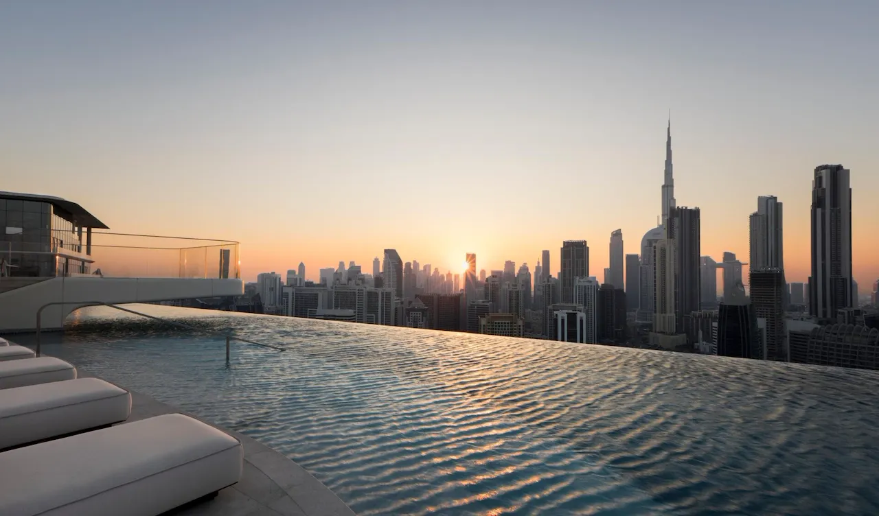 High Society, pool details with view at The Lana - Dorchester Collection