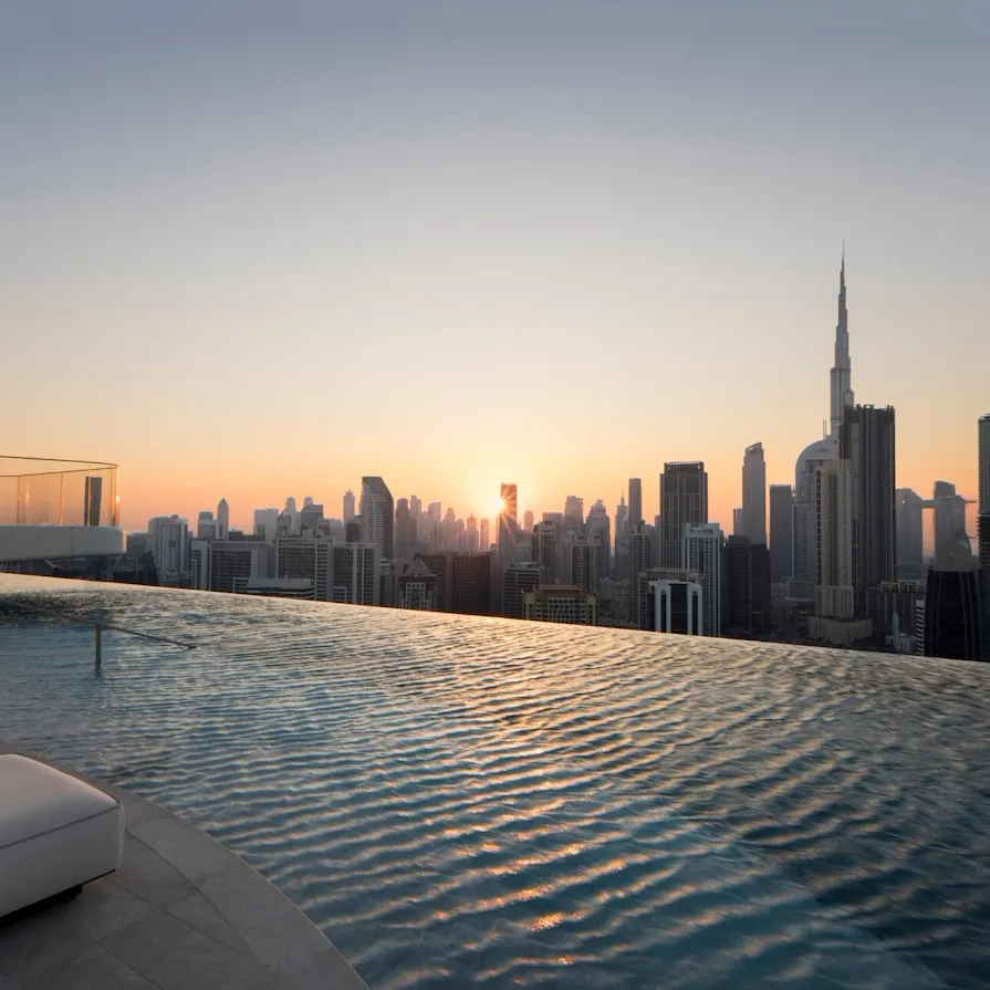 High Society, pool details with view at The Lana - Dorchester Collection