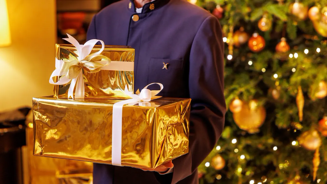 Portait of miling bellboy keeping Christmas presents at lobby, Hotel Eden