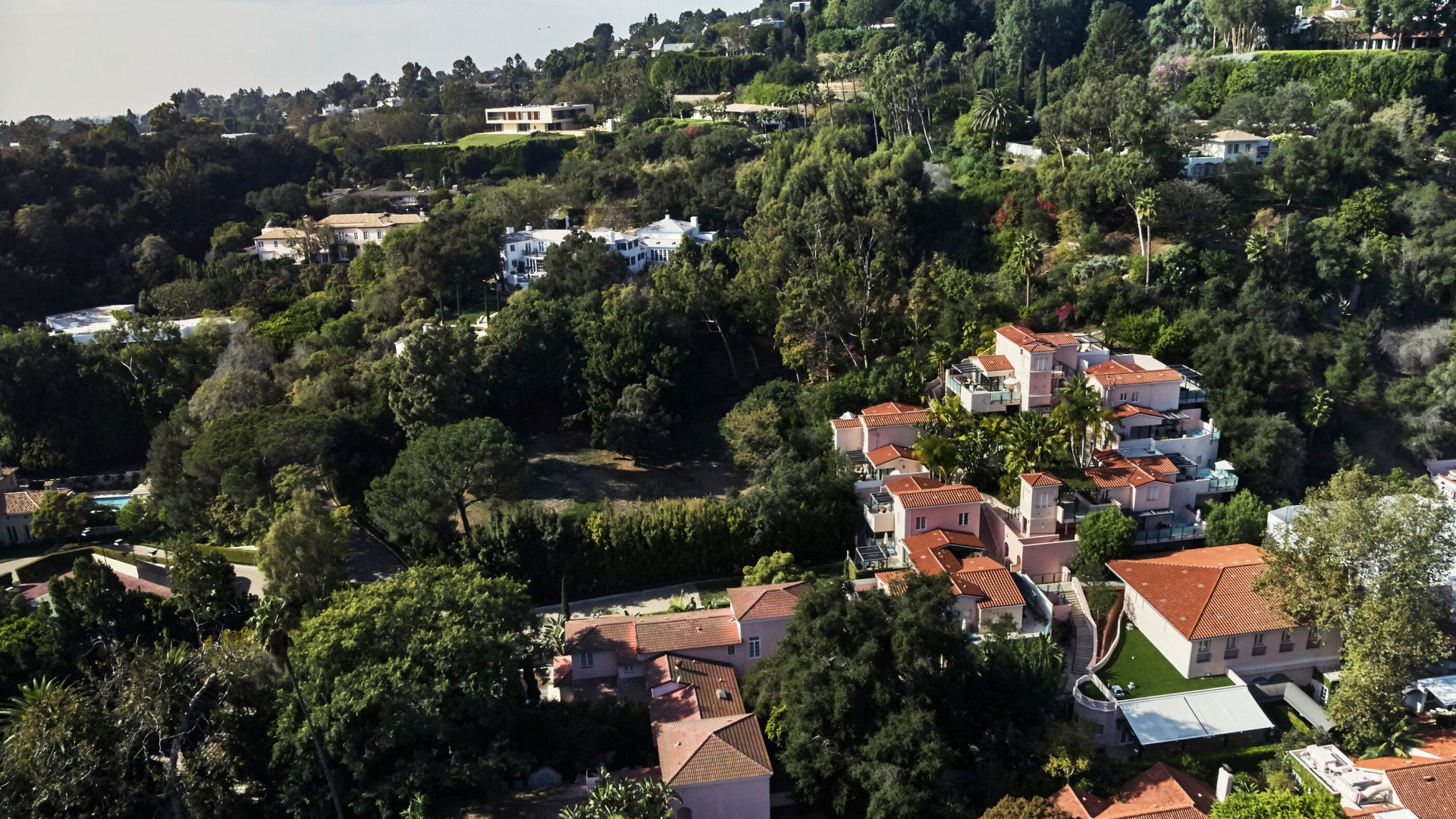 Aerial view of 12 acre estate in Los Angeles, Hotel Bel-Air