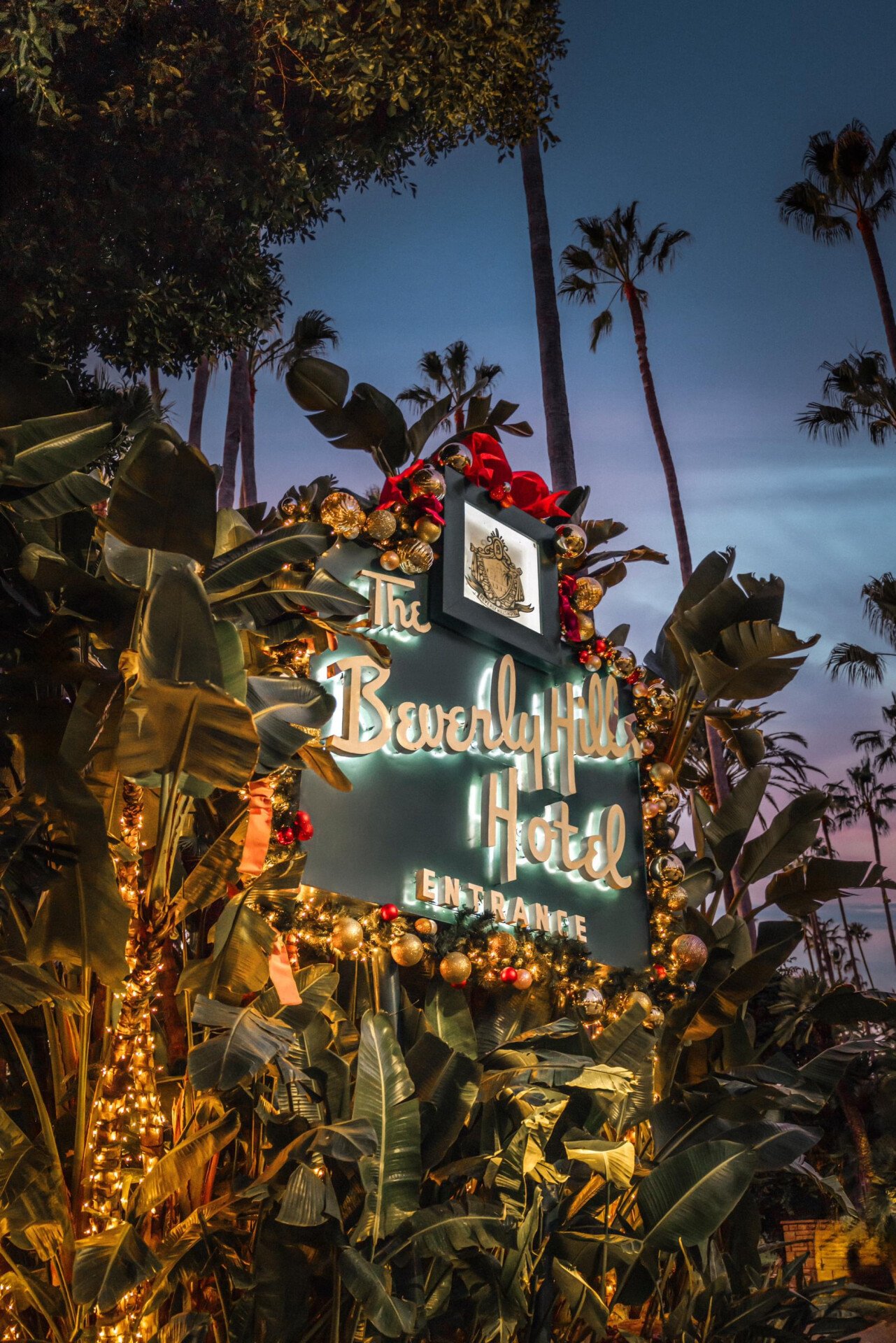 Front entrance sign with festive decorations 