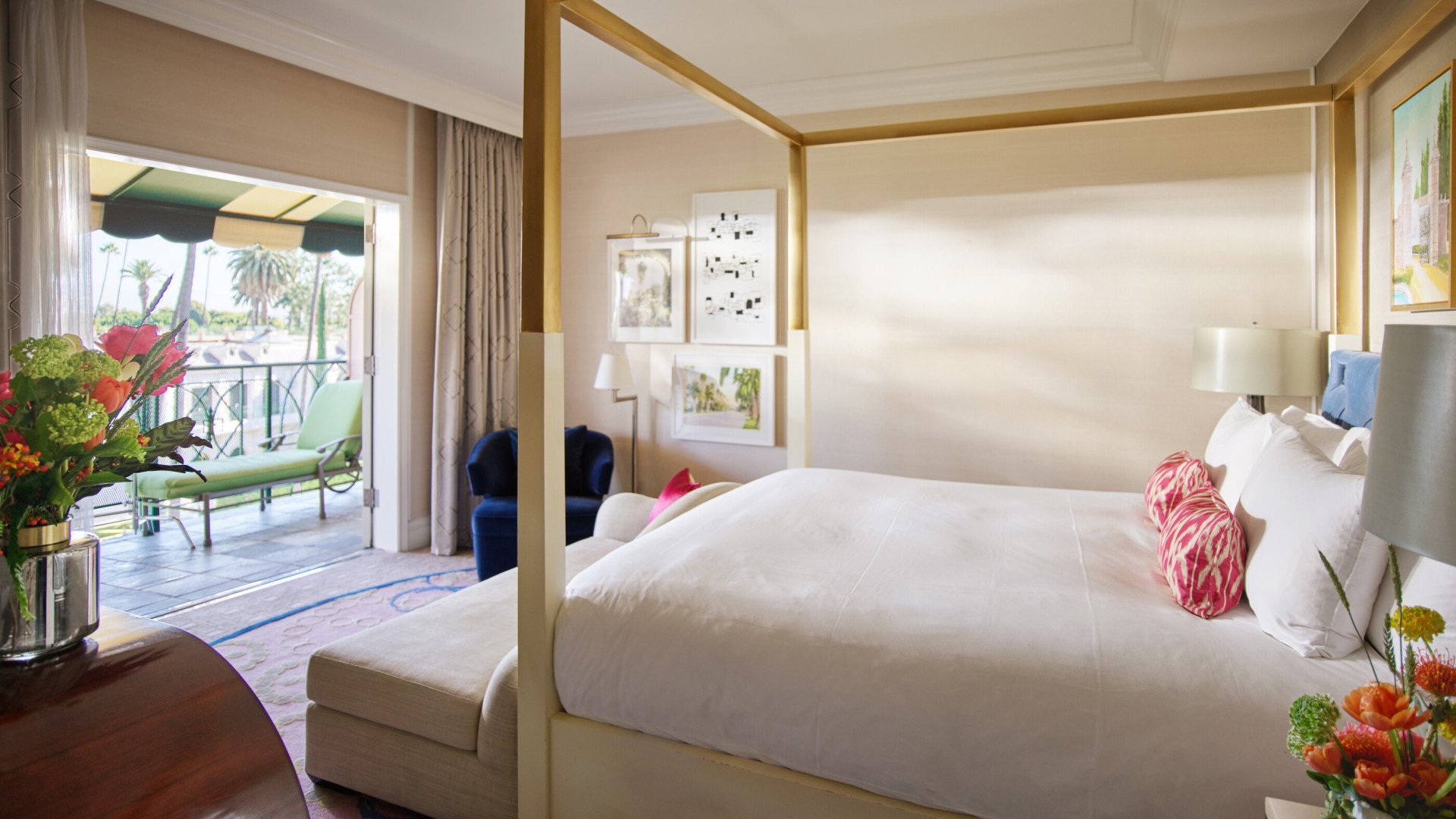 Crescent Suite bedroom with patio at The Beverly Hills Hotel, Beverly Hills