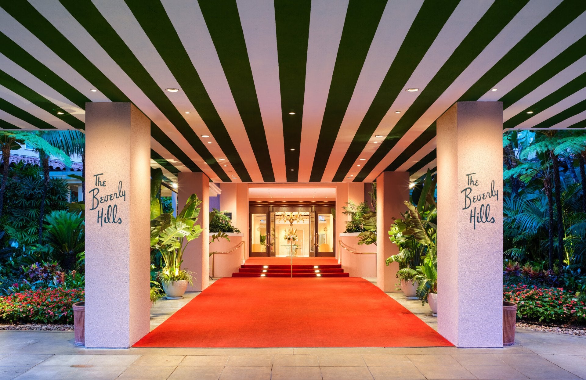 The red carpet entrance at The Beverly Hills Hotel, Los Angeles