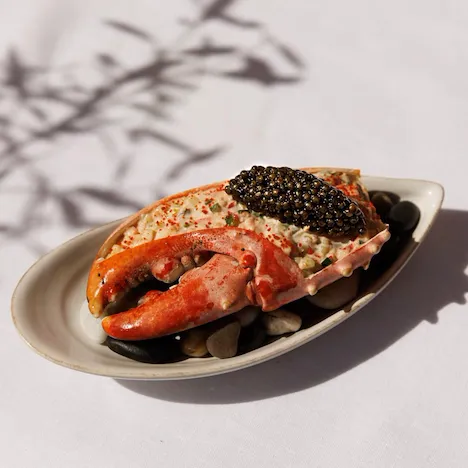 Un plat de fruits de mer présenté de manière créative, composé d'une succulente pince de homard fourrée d'un mélange crémeux de fruits de mer et garnie de caviar noir. Il est servi dans une assiette ovale blanche posée sur des galets lisses de couleur sombre. Le cadre respire l'élégance et le luxe.