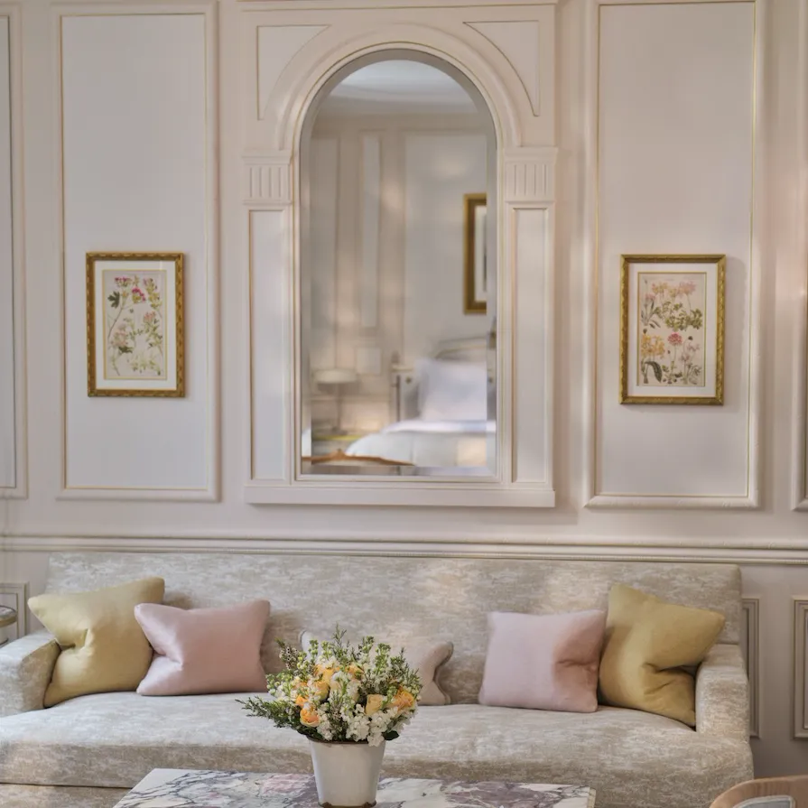 Living room of a Deluxe Junior Suite, at Le Meurice, Paris