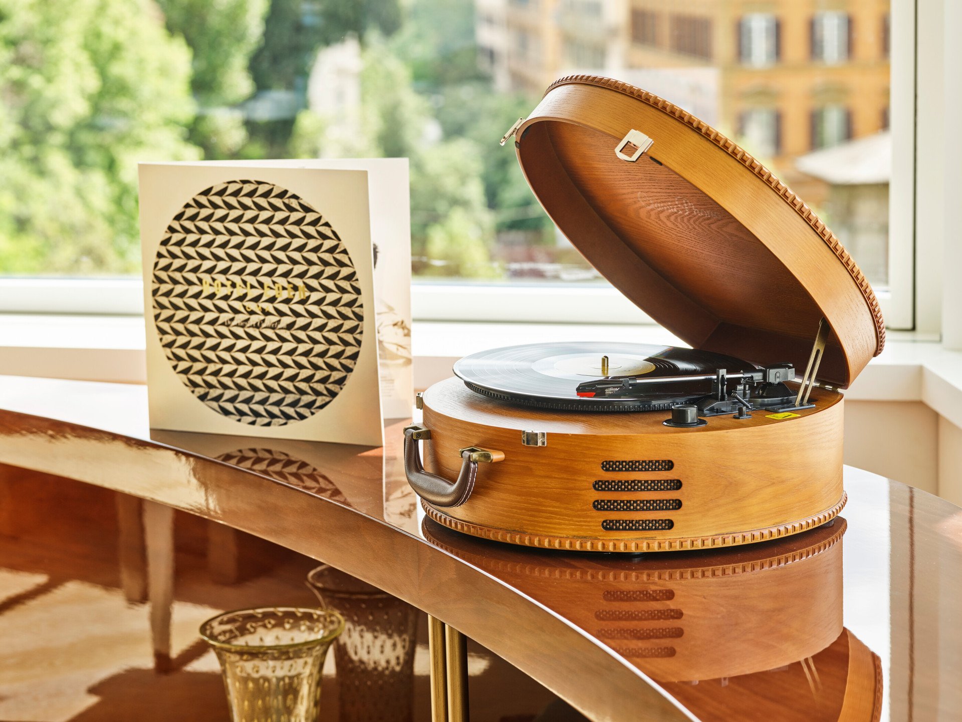 Record player and La Dolce Vita vinyl in Bellavista Penthouse Suite at Hotel Eden, Rome
