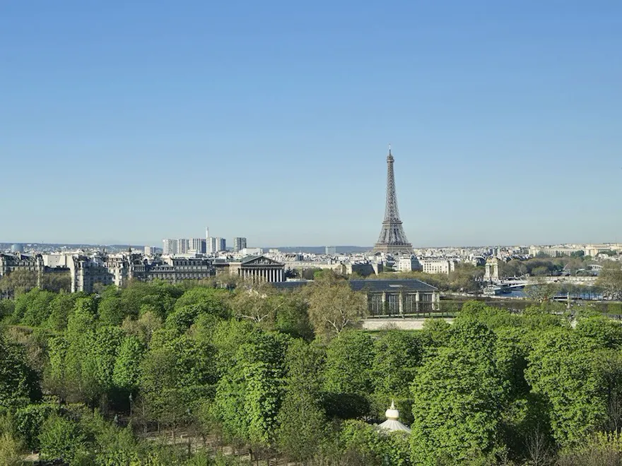 View from the Executive Room's balcony showing the Tuileries Garden and Eiffel Tower