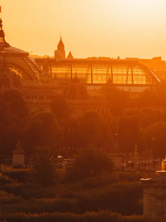 Photography of the Grand Palais from an elevated point with a sunset behind