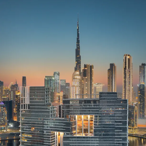 CGI of The Lana exterior building façade at night time, Dubai