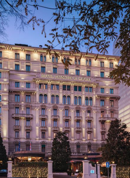 Hotel Principe di Savoia exterior with lights by night