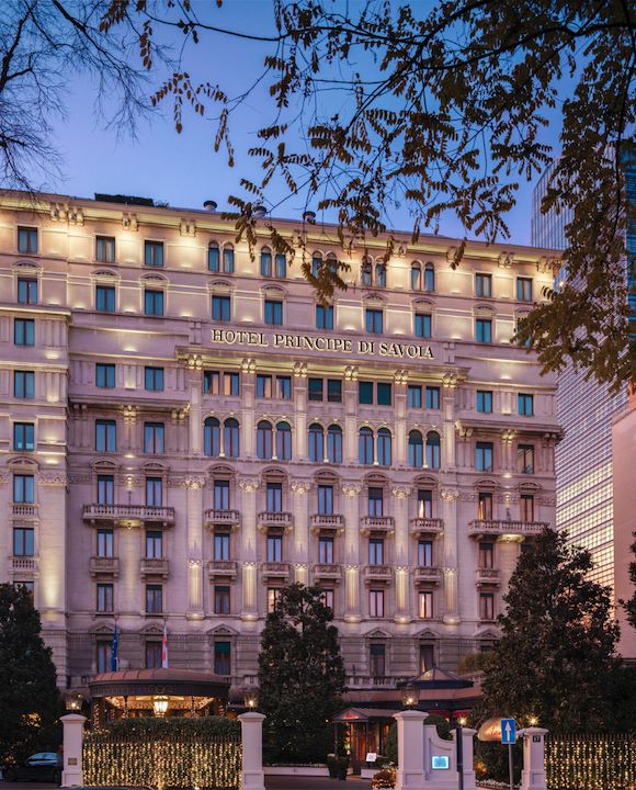 Hotel Principe di Savoia exterior with lights by night