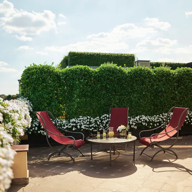 Terrazza della Suite Presidenziale con sdraio rosse posizionate intorno ad un tavolino con vaso di fiori e una brocca con bicchieri di succo all'arancia, in una giornata di sole