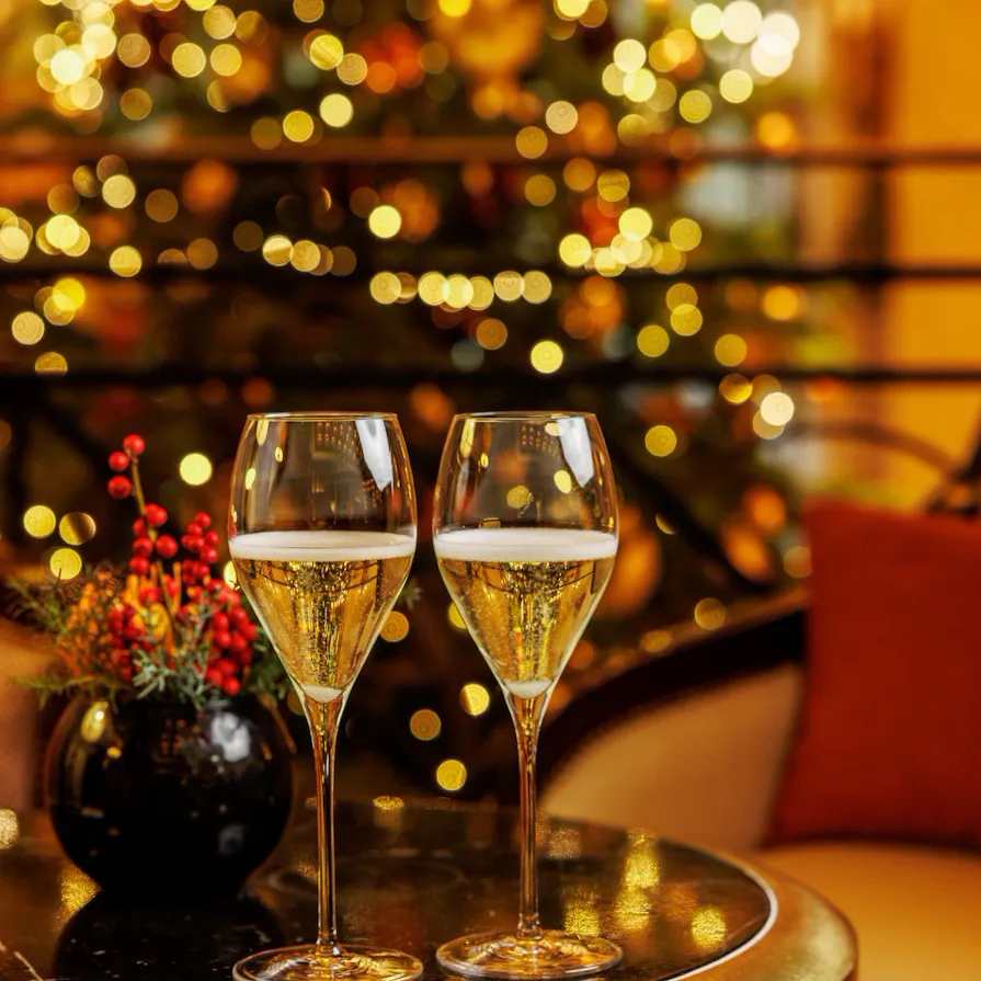 Champagne flutes served at La Libreria