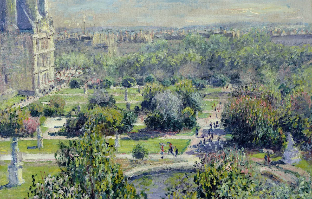 Monet painting of Le Jardin des Tuileries with people walking around the garden, many trees and the city in the back of the painting, at Le Meurice, Paris