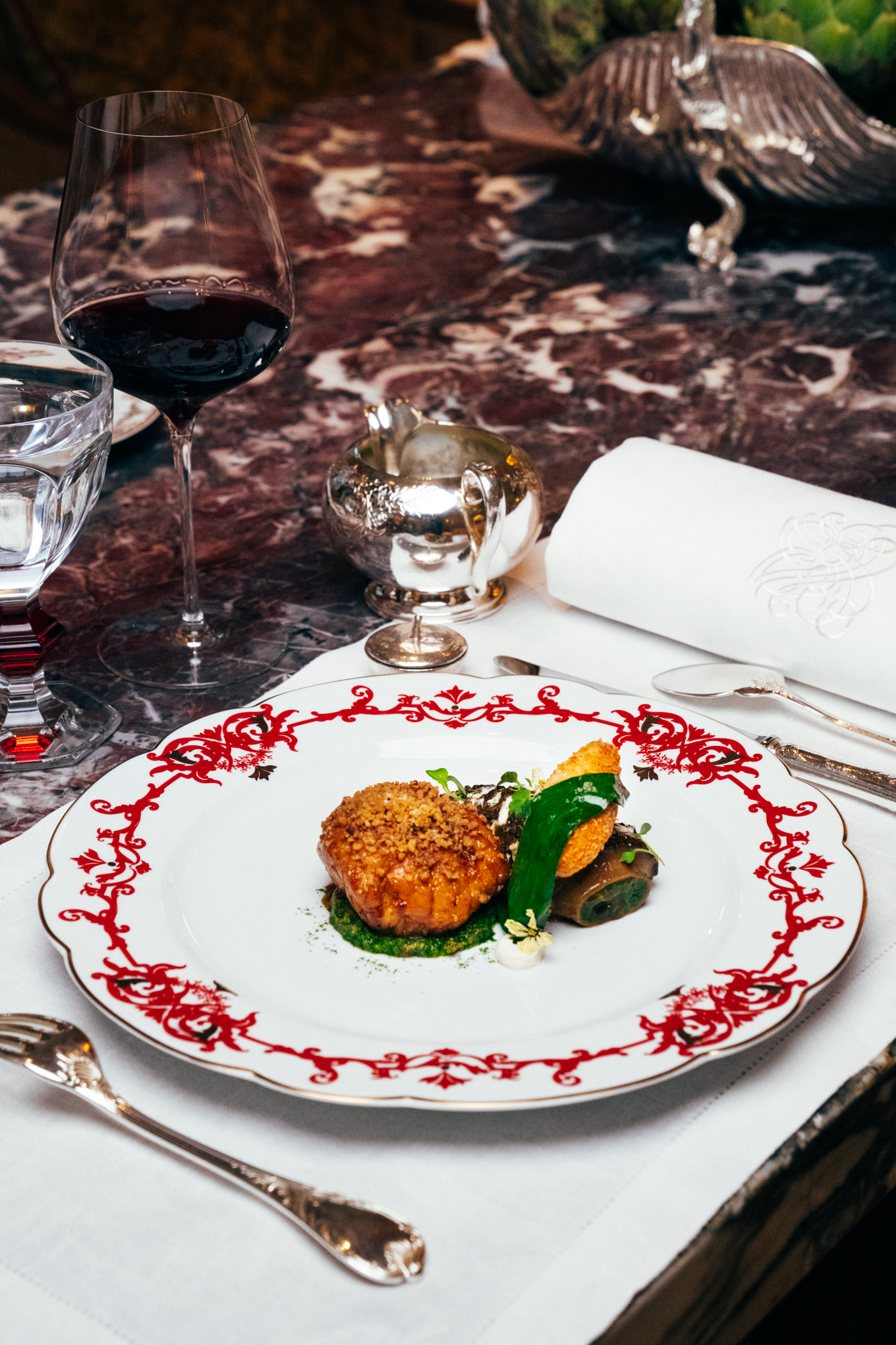Veal and vegetables in a plate served at Jean Imbert au Plaza Athénée. 