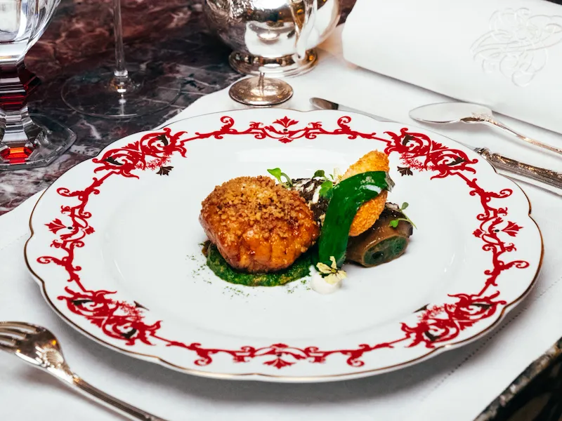 Veal and vegetables in a plate served at Jean Imbert au Plaza Athénée.