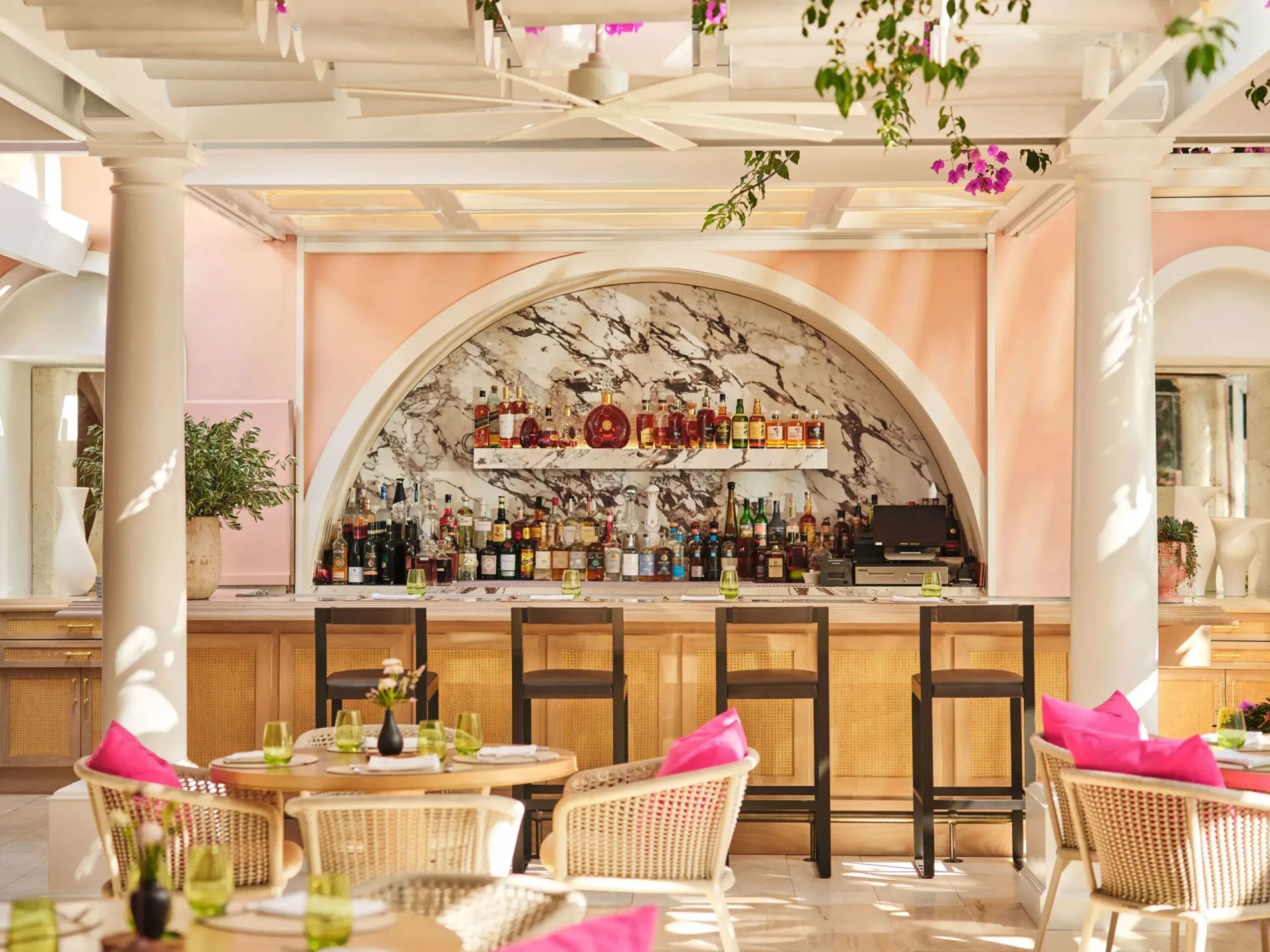 The bar under the bougainvillea in The Restaurant at Hotel Bel-Air 