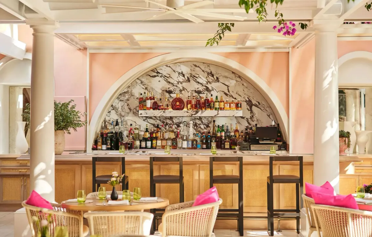 The bar under the bougainvillea in The Restaurant at Hotel Bel-Air