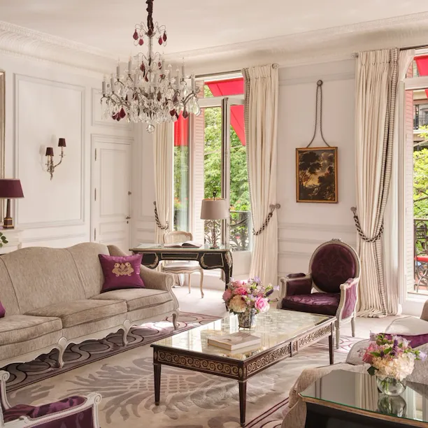 This is the lounge of the Eiffel Suite #261 at the Plaza Athénée.