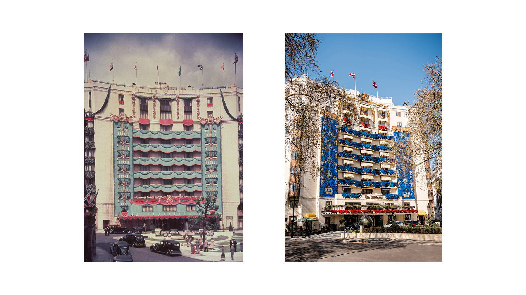 Comparision of coronation decorations on hotel facade in 1953 versus 2023 in daylight