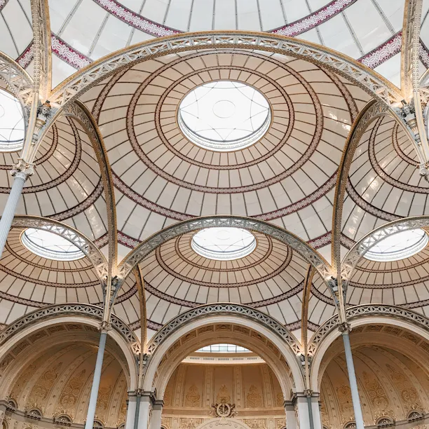 Ceiling view of the French National Library flooded with light thanks to the glass ceiling, at the National French library,Paris.