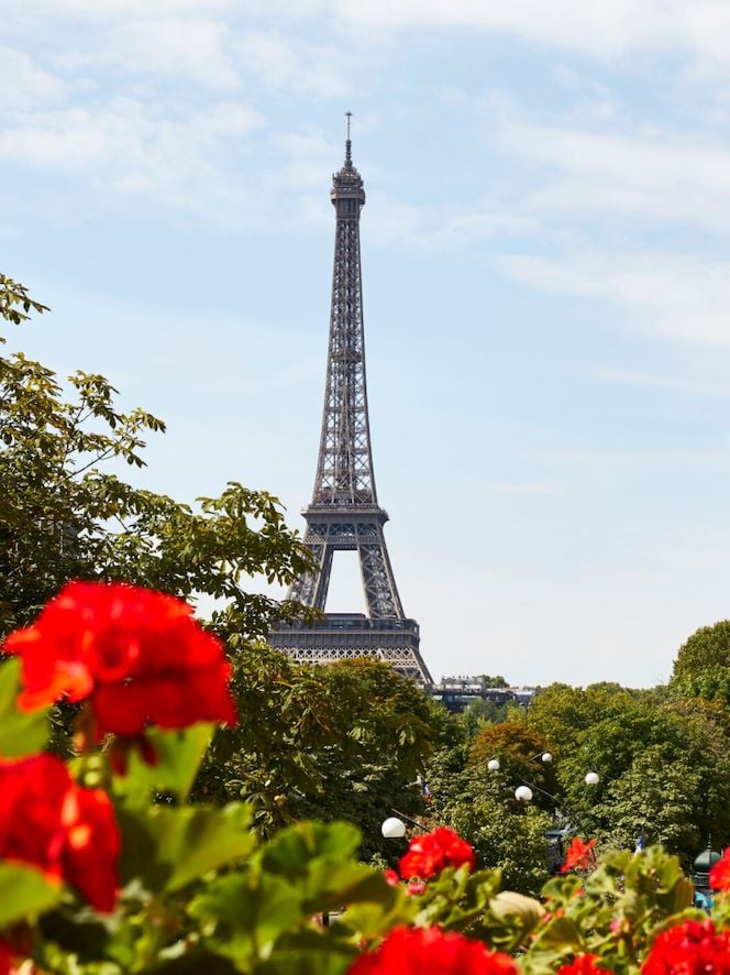 View of the Effeil Tower from the terrace of the Plaza Athénée hotel
