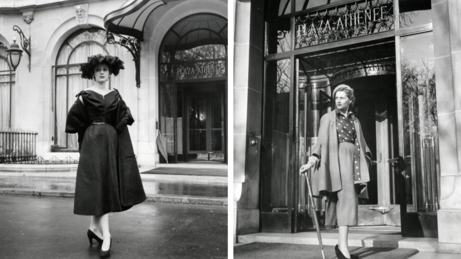 Deux photos historiques de modèles Christian Dior devant l’hôtel