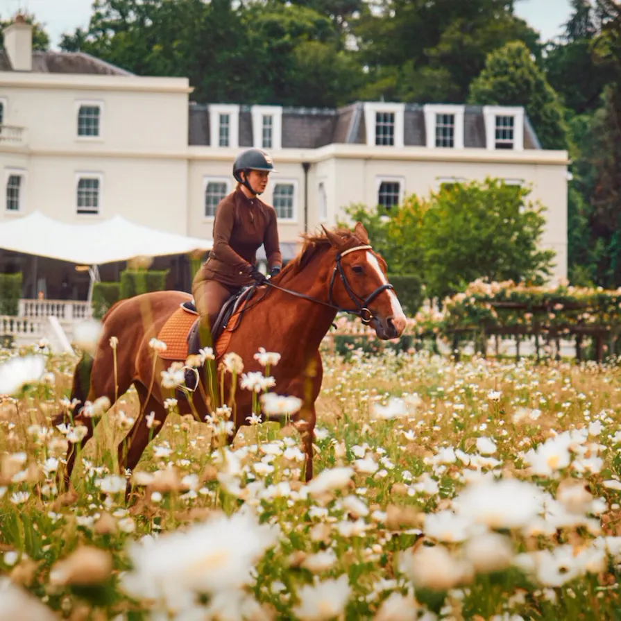Horse riding through the meadow in front of the mansion house