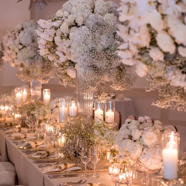 Elegant table top decoration close up detail of wedding at Hotel Bel-Air