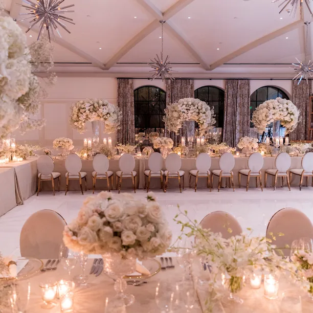 All white wedding décor in the ballroom at Hotel Bel-Air