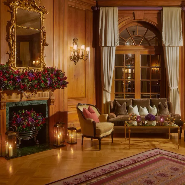 The Holford Room Event space at The Dorchester set up for cocktail reception - seating area with candles