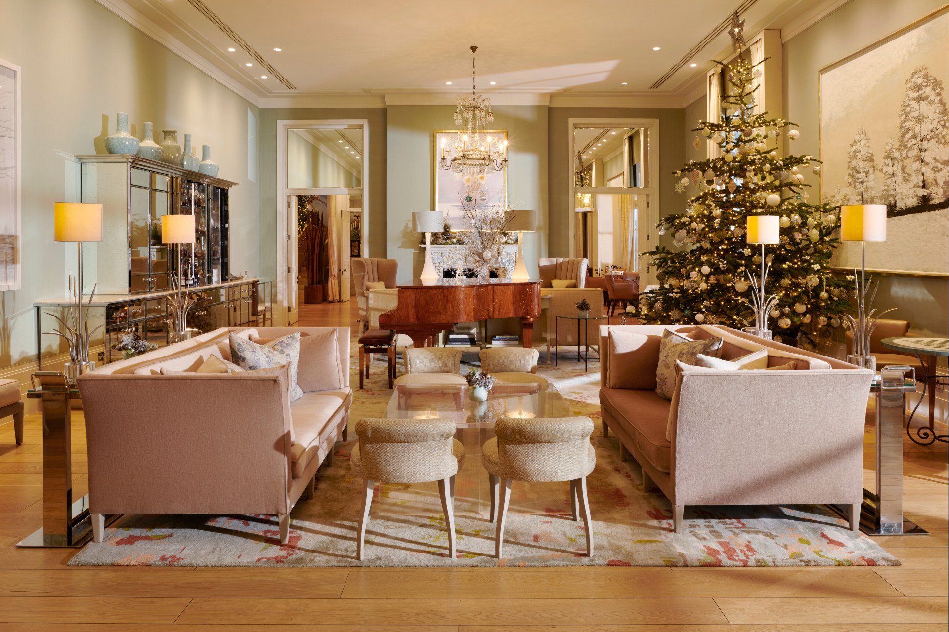 The Drawing Room dressed for Christmas at Coworth Park. 