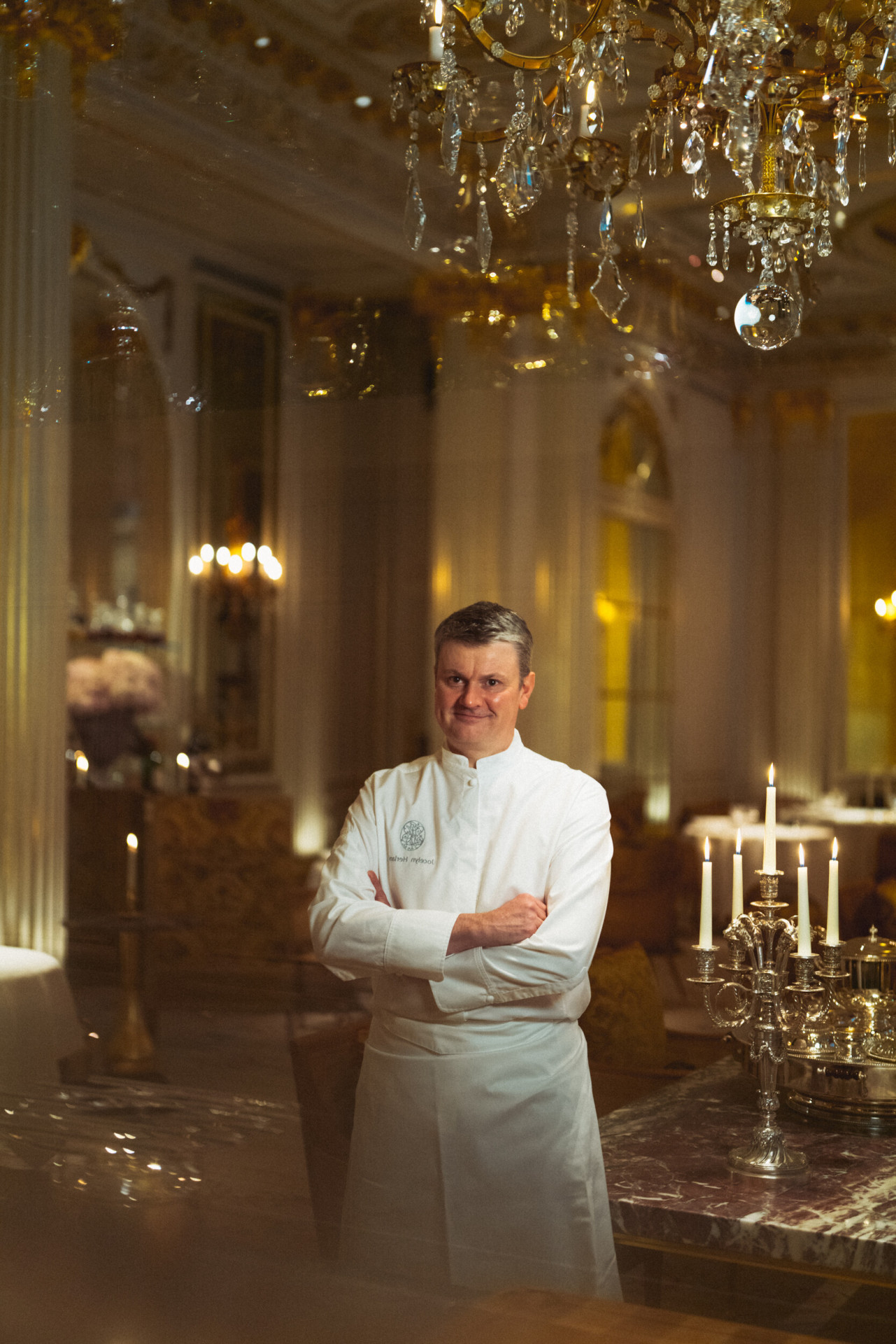 Portrait of Jocelyn Herland in the Jean Imbert au Plaza Athénée dining room, at Hotel Plaza Athénée, Paris.