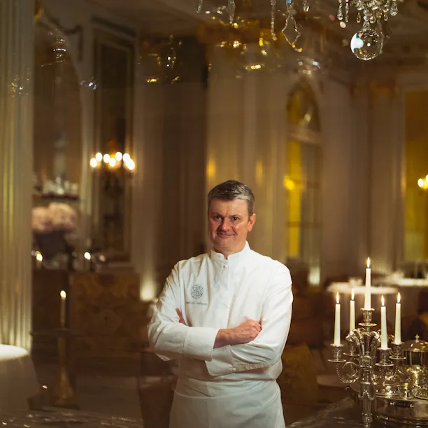 Portrait of Jocelyn Herland in the Jean Imbert au Plaza Athénée dining room, at Hotel Plaza Athénée, Paris.